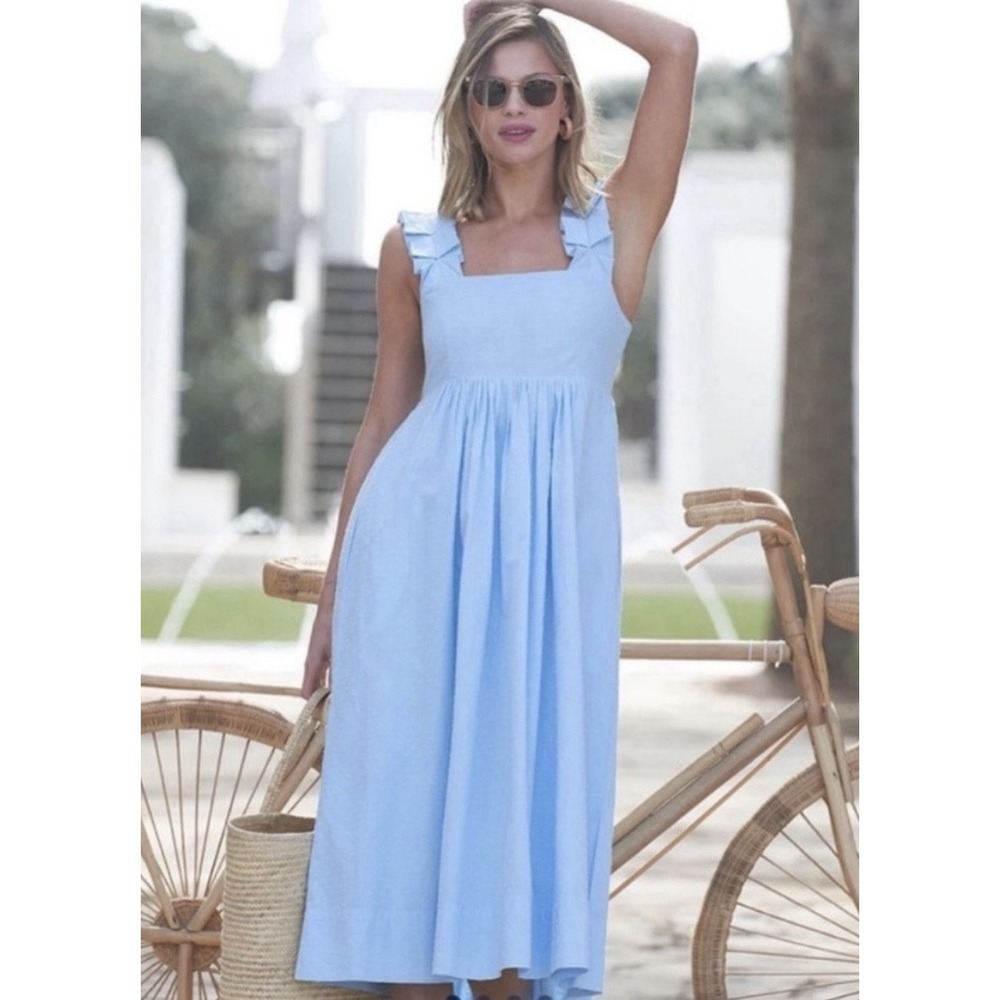 Lake Lolly Dress Morning Blue Swiss Dot Midi Dress Ruffle Straps Medium